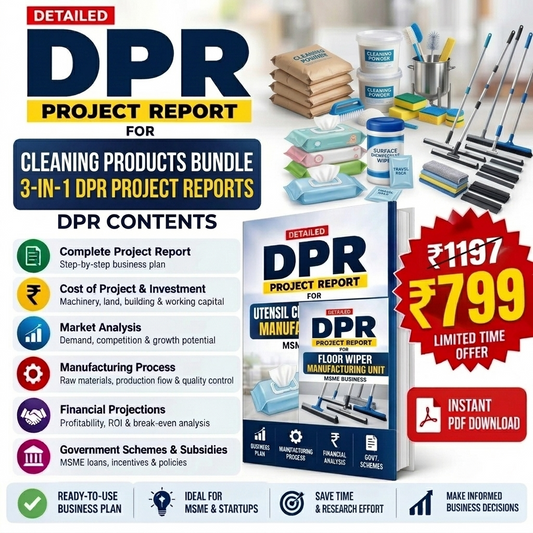 Promotional graphic for a 'DPR Project Report' PDF download bundle for cleaning products. The image features a central blue and white book mockup labeled 'DPR Project Report for Utensils & Manuf.