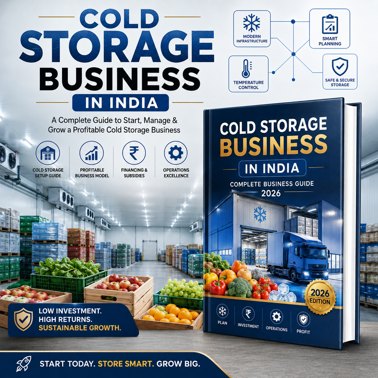 Promotional graphic for a digital guide titled 'COLD STORAGE BUSINESS IN INDIA' with a large book cover mockup, warehouse scene, fruits and vegetables, and feature icons for modern infrastructure, smart planning, temperature control, and secure storage.