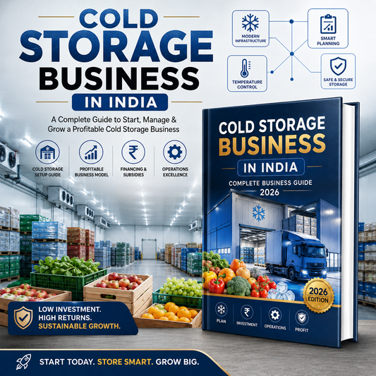 Promotional graphic for a digital guide titled 'COLD STORAGE BUSINESS IN INDIA' with a large book cover mockup, warehouse scene, fruits and vegetables, and feature icons for modern infrastructure, smart planning, temperature control, and secure storage.
