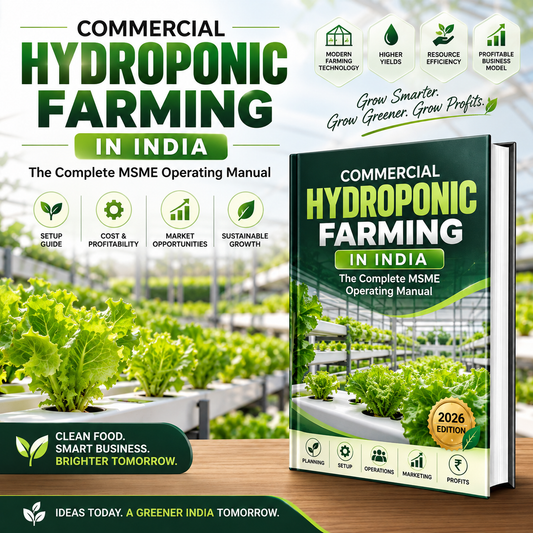 Promotional graphic for a book titled 'Commercial Hydroponic Farming in India: The Complete MSME Operating Manual,' shown standing on a table beside a greenhouse scene with leafy crops. The design uses green and white prominently, with supporting text callouts about setup, cost, market opportunities, and sustainability.