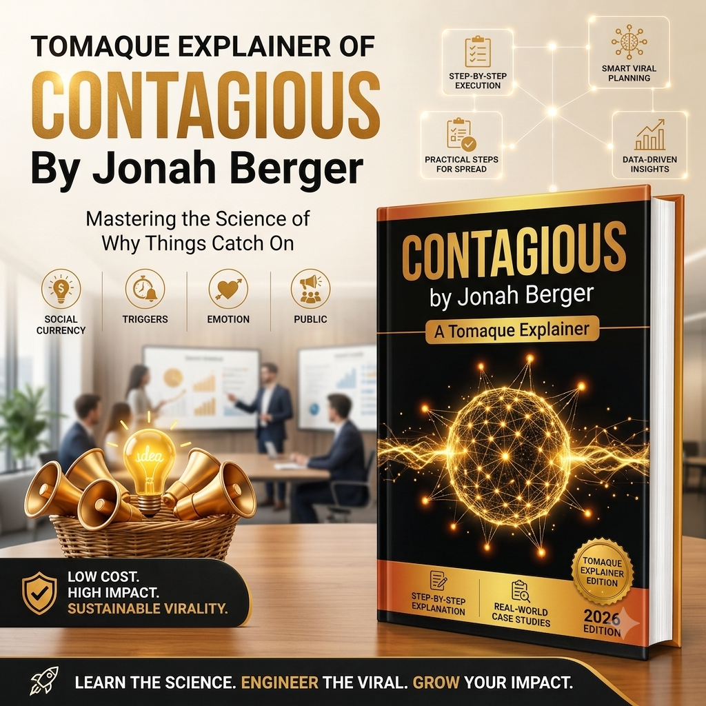 Promotional graphic for the book 'Contagious' by Jonah Berger, showing a 3D book cover mockup with glowing golden graphics, surrounded by marketing callouts, icons, and a blurred office scene in the background.