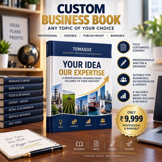 A custom business book mockup displayed on a wooden desk with a laptop, notebook, and stacked books in the background. The main product is a blue and gold book titled 'YOUR IDEA OUR EXPERTISE' by TOMAQUE.