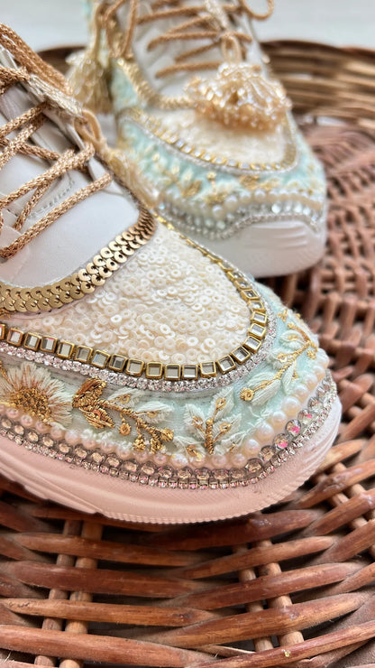 Lywire Exclusive Gold & Green Bridal Sneakers – Premium Handcrafted with Embroidery Magic 💚👟