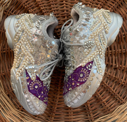 Lywire Exclusive Funky Silver & Eggplant Bridal Sneakers – Elegant, Trendy & Premium 💃✨