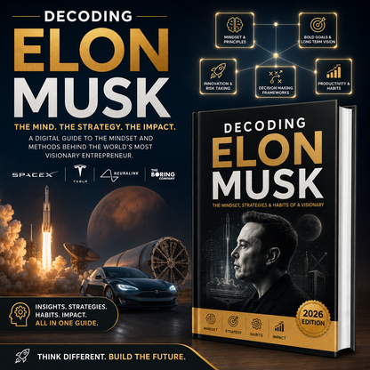 Book cover and promotional graphic for 'Decoding Elon Musk' showing a 2026 edition book with a portrait of Elon Musk, gold and black design, floating icons, and SpaceX/Tesla/Neuralink/Boring logos on a dark space-themed background.