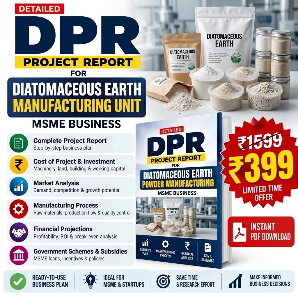Promotional graphic for a digital PDF report titled 'DPR Project Report for Diatomaceous Earth Manufacturing Unit' by MSME Business. The design features a blue and yellow header, a white background, product mockups of diatomaceous earth powder bags and containers, a book cover, and a red price badge offering the PDF for ₹399.