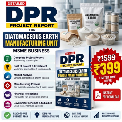 Promotional graphic for a digital PDF report titled 'DPR Project Report for Diatomaceous Earth Manufacturing Unit' by MSME Business. The design features a blue and yellow header, a white background, product mockups of diatomaceous earth powder bags and containers, a book cover, and a red price badge offering the PDF for ₹399.