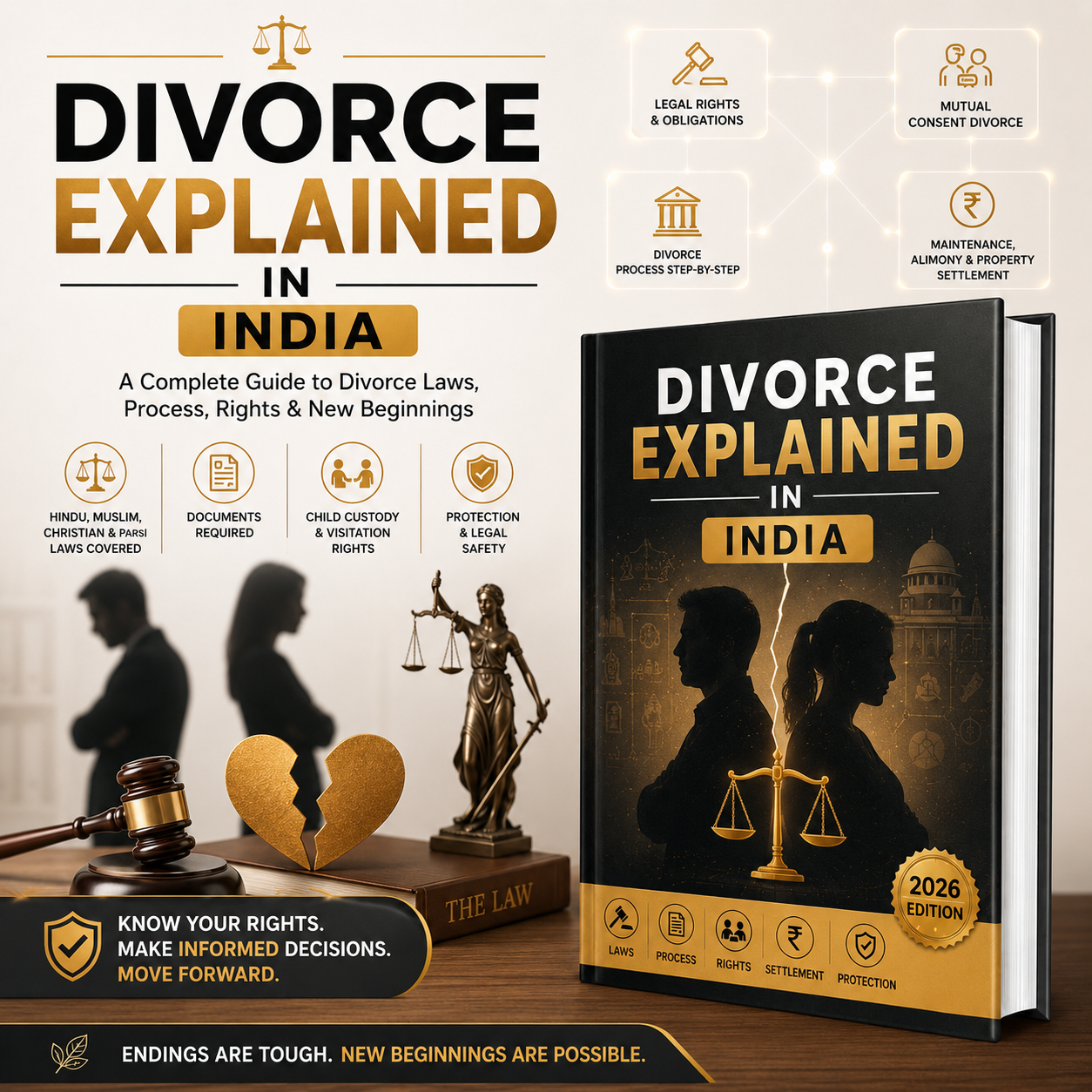 A book cover and a physical copy of the book 'Divorce Explained in India' are shown on a dark promotional background. The book cover features black silhouettes of a couple with a golden scale of justice, with the title in white and gold.