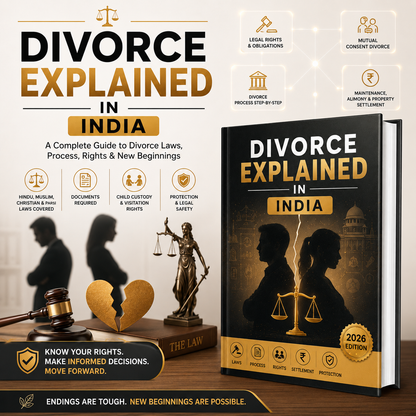 A book cover and a physical copy of the book 'Divorce Explained in India' are shown on a dark promotional background. The book cover features black silhouettes of a couple with a golden scale of justice, with the title in white and gold.