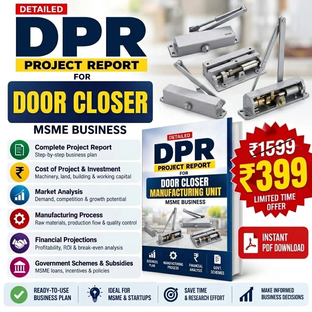 Promotional graphic for a digital PDF report titled 'DPR Project Report for Door Closer' tailored for MSME businesses. The design features a blue and yellow color scheme, showcasing a mockup of the PDF cover, technical illustrations of door closer mechanisms, and a red price badge indicating a limited time offer of Rs.