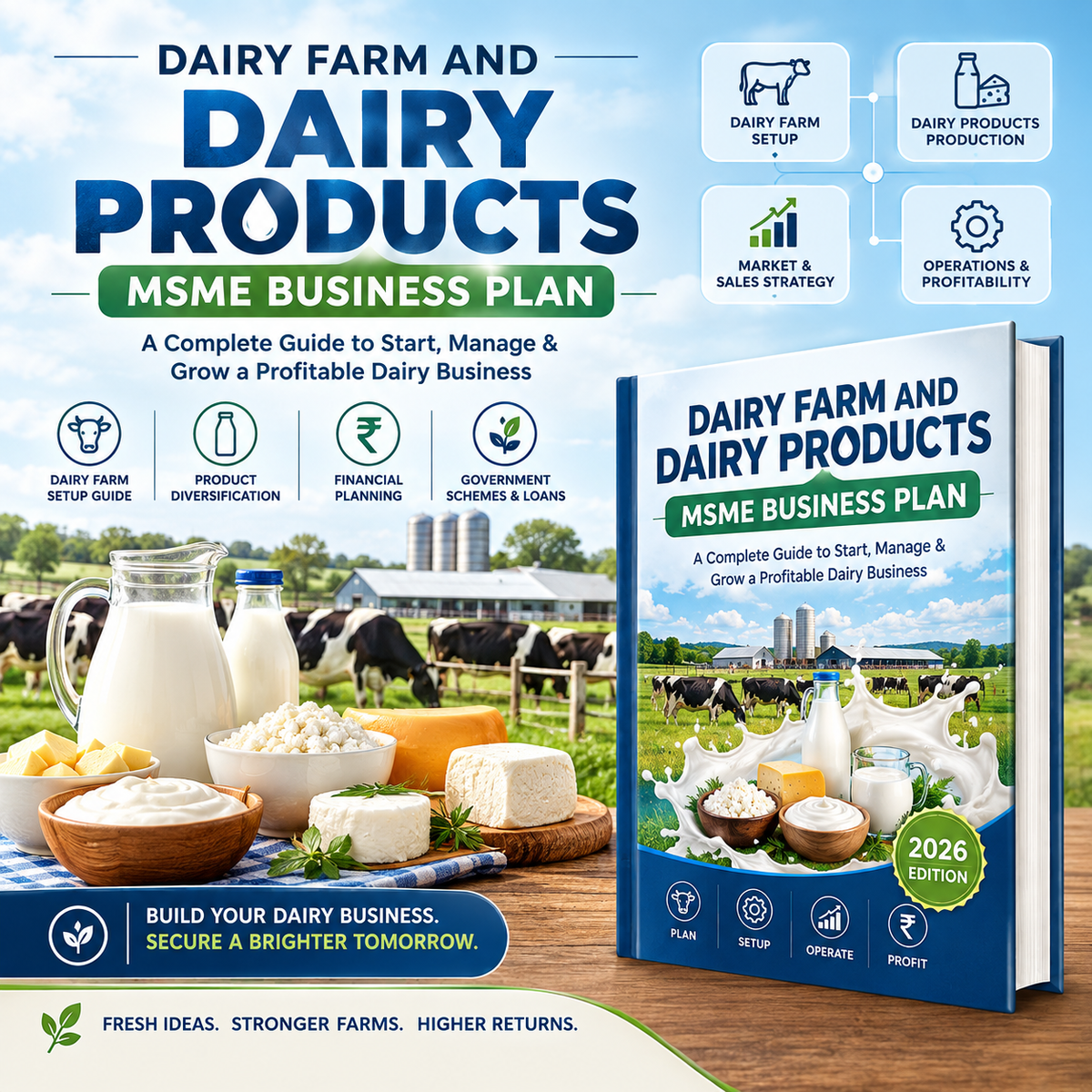 Promotional graphic for a book titled 'Dairy Farm and Dairy Products MSME Business Plan 2026 Edition'. The left side features marketing text over a background of a dairy farm with cows and milk products like cheese, butter, and a milk carton.