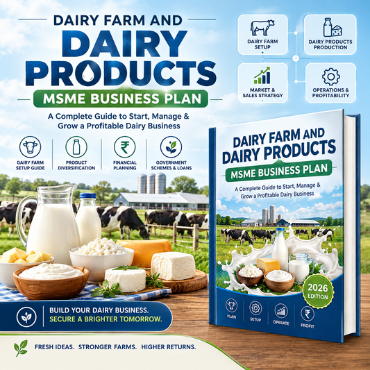 Promotional graphic for a book titled 'Dairy Farm and Dairy Products MSME Business Plan 2026 Edition'. The left side features marketing text over a background of a dairy farm with cows and milk products like cheese, butter, and a milk carton.