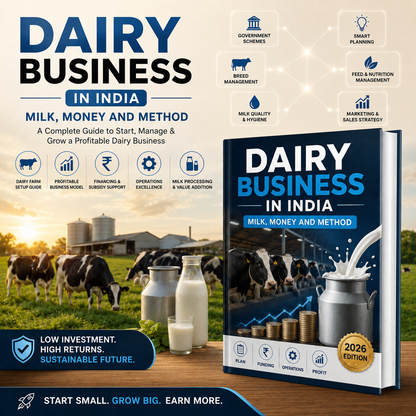 A promotional graphic for a book titled 'DAIRY BUSINESS IN INDIA: MILK, MONEY AND METHOD'. The left side features a light beige background with blue text, icons related to dairy business, and a small inset photo of cows in a field.