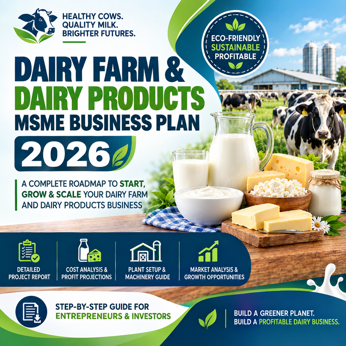 Promotional cover graphic for a 'Dairy Farm & Dairy Products MSME Business Plan 2026' guide. The design features a dark blue background with green and white text, accompanied by images of cows in a field, a milk pitcher, cheese, and yogurt.