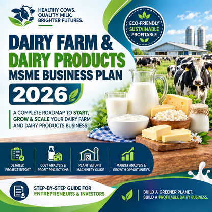 Promotional cover graphic for a 'Dairy Farm & Dairy Products MSME Business Plan 2026' guide. The design features a dark blue background with green and white text, accompanied by images of cows in a field, a milk pitcher, cheese, and yogurt.