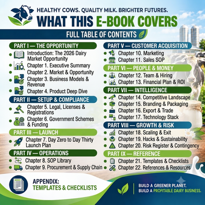 A digital infographic cover for a dairy business e-book, titled 'WHAT THIS E-BOOK COVERS' with sections from Part I to Part IX listed in green and white text on a blue-to-teal gradient background. The design includes icons, a small photo of a dairy cow in a barn, and a photo of a person milking a cow, all arranged as a single promotional graphic rather than a physical product photo.