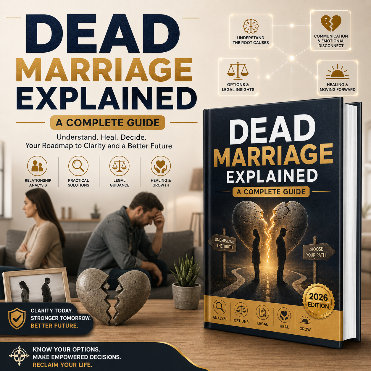 Book cover and promotional graphic for 'Dead Marriage Explained: A Complete Guide 2026 Edition'. The right side shows a glossy book cover with a broken heart, cracked mirror, and two silhouetted figures facing a glowing path.