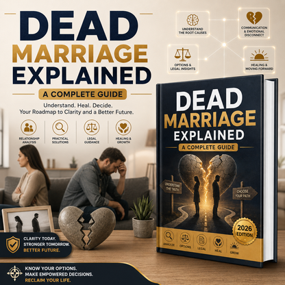 Book cover and promotional graphic for 'Dead Marriage Explained: A Complete Guide 2026 Edition'. The right side shows a glossy book cover with a broken heart, cracked mirror, and two silhouetted figures facing a glowing path.