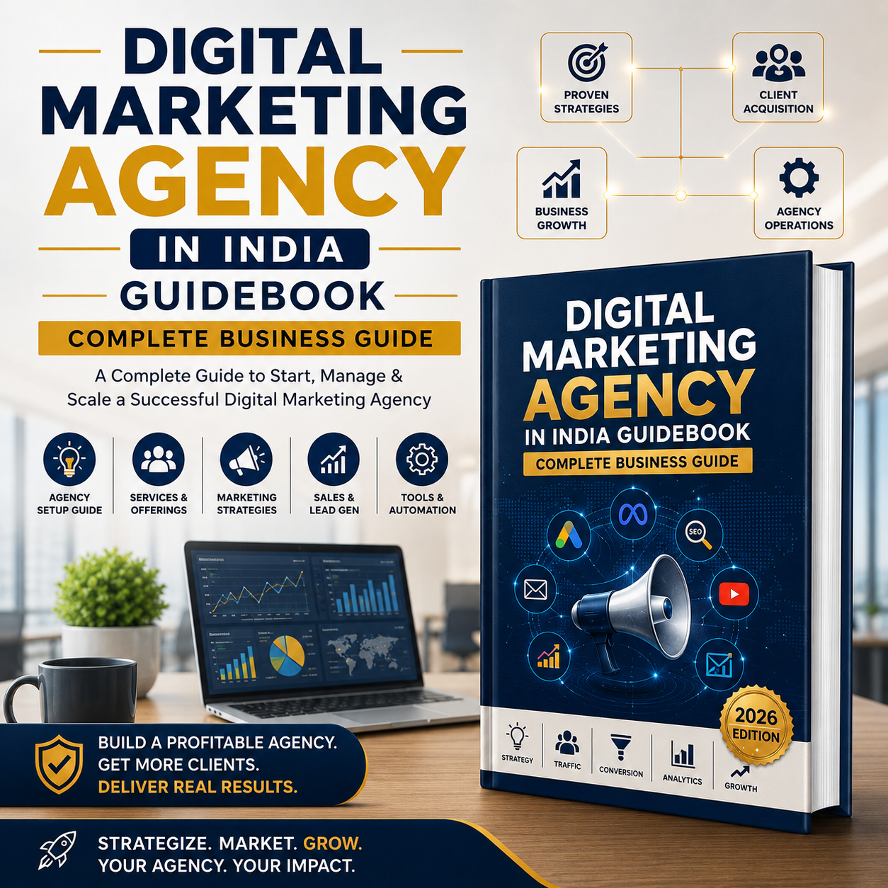 A digital cover design for a book titled 'Digital Marketing Agency in India Guidebook: Complete Business Guide 2026 Edition'. The cover is dark blue with yellow and white text, surrounded by marketing icons and a laptop showing charts.