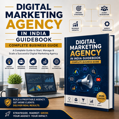 A digital cover design for a book titled 'Digital Marketing Agency in India Guidebook: Complete Business Guide 2026 Edition'. The cover is dark blue with yellow and white text, surrounded by marketing icons and a laptop showing charts.