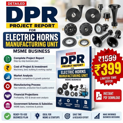 Promotional graphic for a digital PDF project report titled 'DPR Project Report for Electric Horns Manufacturing Unit' by MSME Business. The design features a collage of black electric horn components, a blue and white book cover mockup, a red starburst price tag showing ₹1539 and ₹399, and a green 'Instant PDF Download' badge.