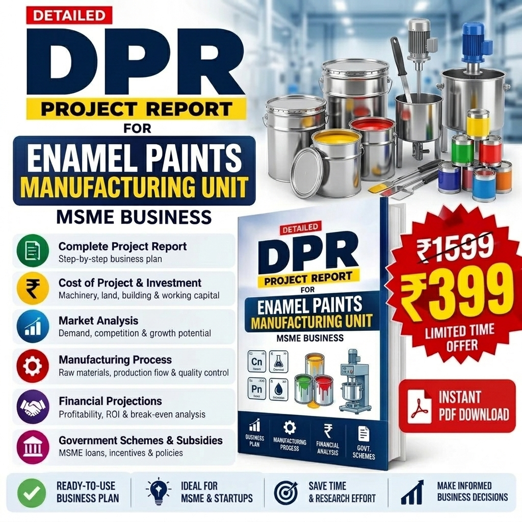 Promotional graphic for a digital PDF report titled 'DPR Project Report for Enamel Paints Manufacturing Unit'. The design features a blue and white layout with a 3D mockup of the book cover, various colorful paint cans, and a red price badge showing '₹1539' down to '₹399' with 'Instant PDF Download' text.