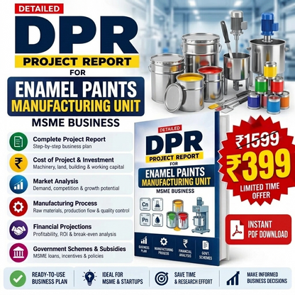 Promotional graphic for a digital PDF report titled 'DPR Project Report for Enamel Paints Manufacturing Unit'. The design features a blue and white layout with a 3D mockup of the book cover, various colorful paint cans, and a red price badge showing '₹1539' down to '₹399' with 'Instant PDF Download' text.