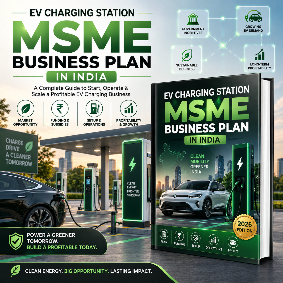 Promotional graphic for an 'EV Charging Station MSME Business Plan in India' ebook, featuring a mockup of the book cover in the foreground, an EV charging station scene in the background, and various green business benefit icons at the top.