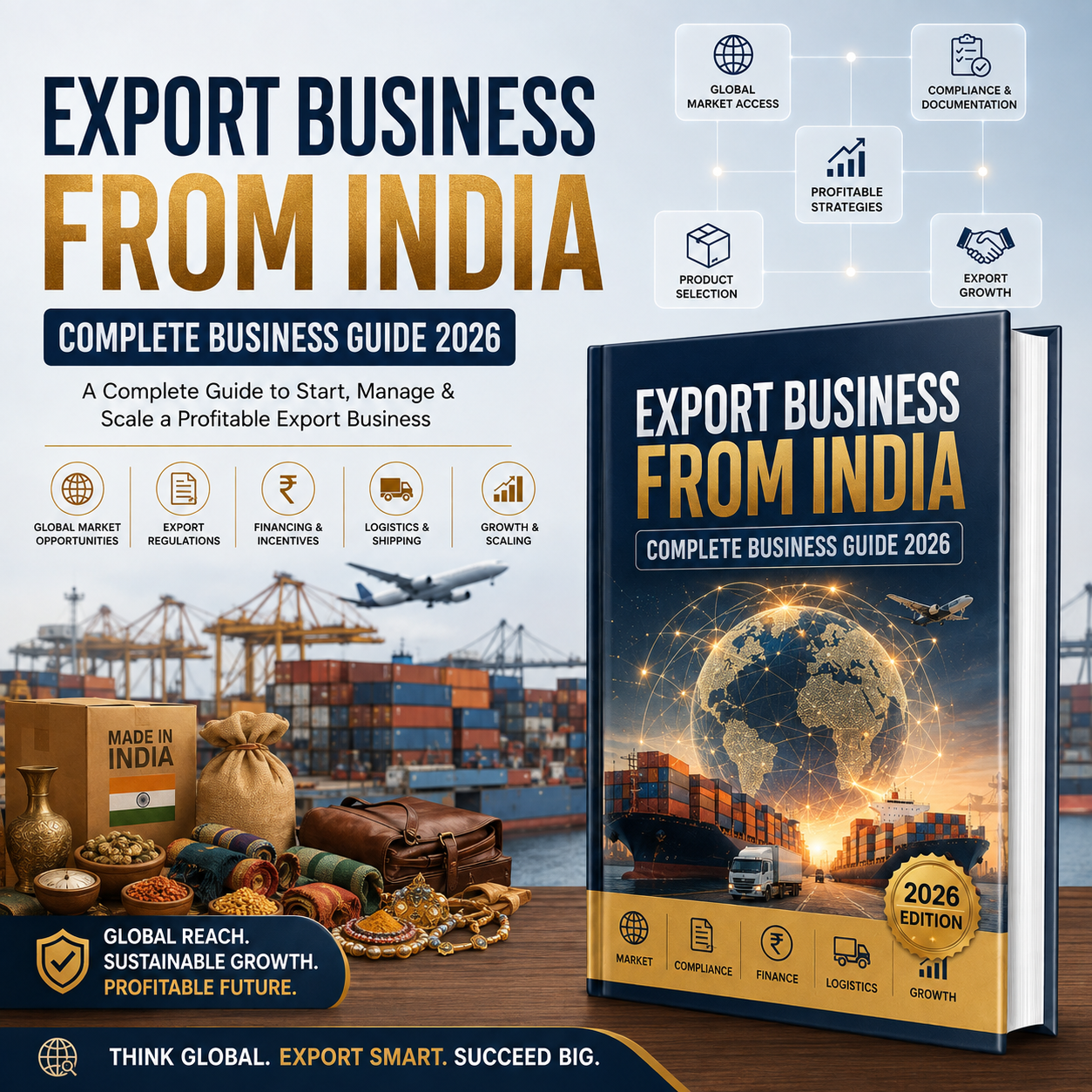 Promotional graphic for a book titled 'Export Business From India: Complete Business Guide 2026', shown alongside a stylized shipping container port scene and business icons. The book cover features a globe, cargo containers, and a gold seal reading '2026 Edition'.