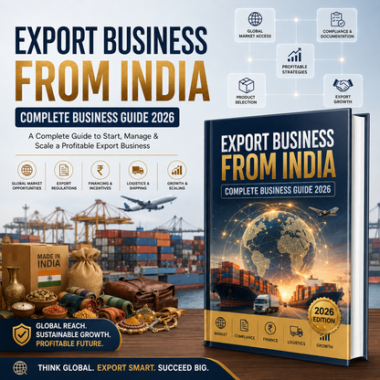 Promotional graphic for a book titled 'Export Business From India: Complete Business Guide 2026', shown alongside a stylized shipping container port scene and business icons. The book cover features a globe, cargo containers, and a gold seal reading '2026 Edition'.