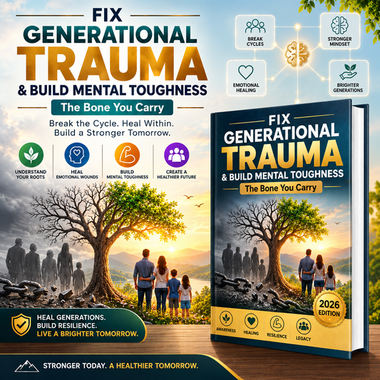 A promotional graphic for a book titled "Fix Generational Trauma & Build Mental Toughness: The Bone You Carry," shown alongside a 3D book cover mockup. The design includes large headline text, supporting icons, a scenic landscape with trees and people, and a dark banner at the bottom.