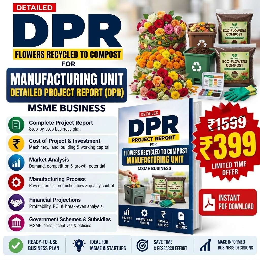 Promotional graphic for a digital project report PDF titled 'DPR Flowers Recycled to Compost for Manufacturing Unit'. The image features a mockup of the blue and white book cover, surrounded by illustrative graphics of compost bins, flower bouquets, soil bags, and green leaves.