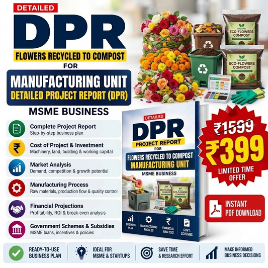 Promotional graphic for a digital project report PDF titled 'DPR Flowers Recycled to Compost for Manufacturing Unit'. The image features a mockup of the blue and white book cover, surrounded by illustrative graphics of compost bins, flower bouquets, soil bags, and green leaves.