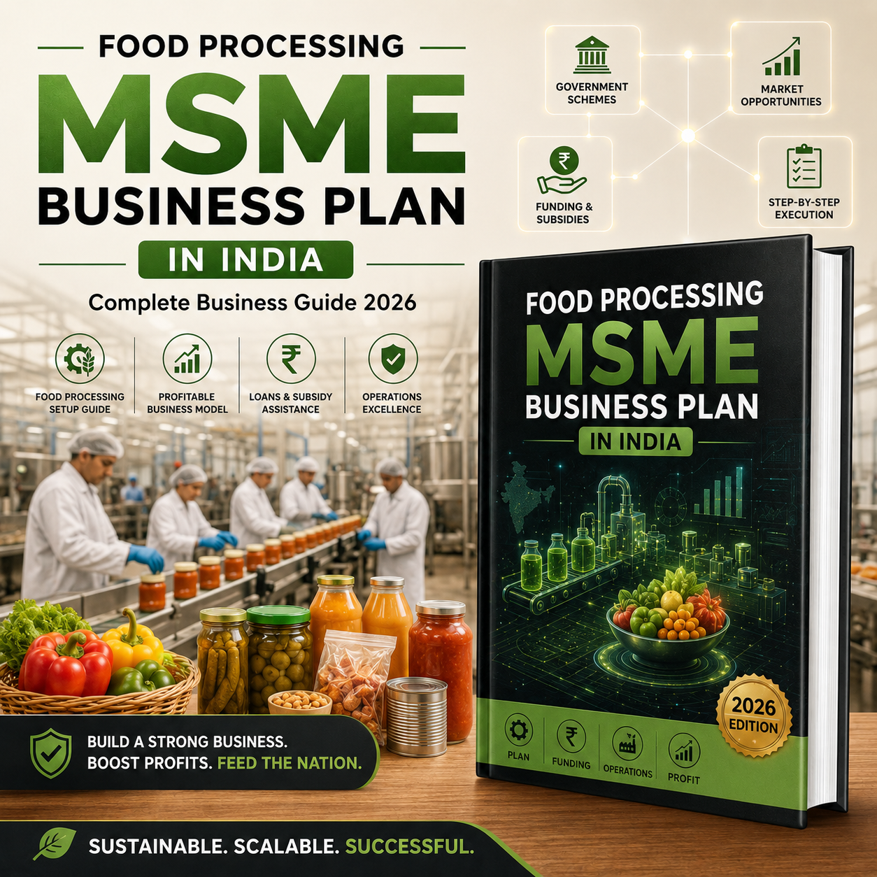 A promotional graphic for a book titled 'Food Processing Business Plan in India' with a large cover shown in the foreground and a food processing factory scene in the background. The cover is dark green and black with bright green text and food imagery, including fruits, vegetables, and packaged goods.