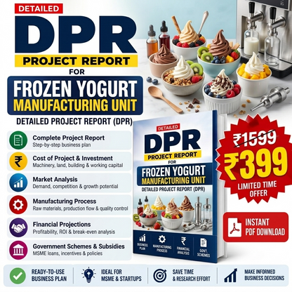Promotional graphic for a digital PDF project report on 'Frozen Yogurt Manufacturing Unit' by DPR. The image features a mockup of the book cover, various bowls of colorful frozen yogurt, and industrial mixing equipment on a light blue background, with pricing details of ₹1539 and a ₹399 instant PDF download offer.