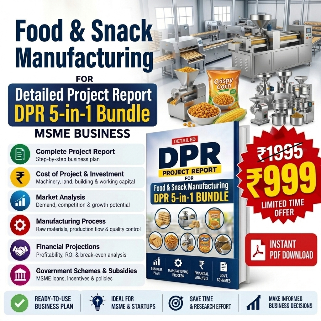 Promotional graphic for a 'Food & Snack Manufacturing' project report bundle titled 'DPR 5-in-1 Bundle' for MSME business. The design features a large title, a list of included report sections on the left, a mockup of the book cover in the center-right, a red price badge showing '’2999' with '’1935' crossed out, and a PDF download icon.
