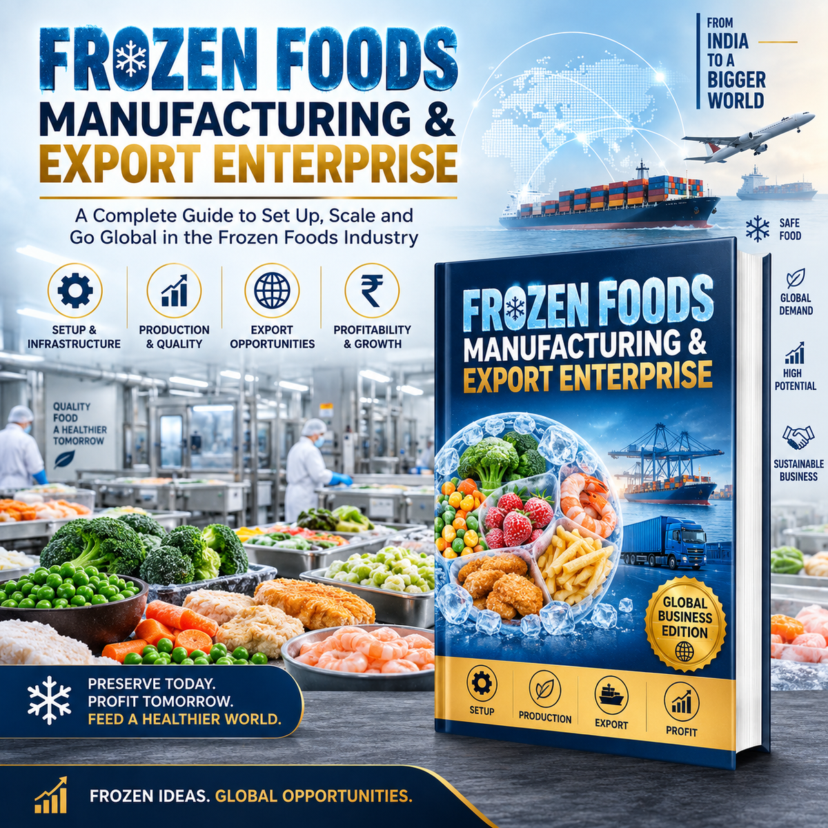 Promotional graphic for a book or guide titled 'FROZEN FOODS MANUFACTURING & EXPORT ENTERPRISE,' showing a large book cover in the foreground, a frozen food processing plant scene, cargo ships, and marketing text about setting up and exporting frozen foods from India.