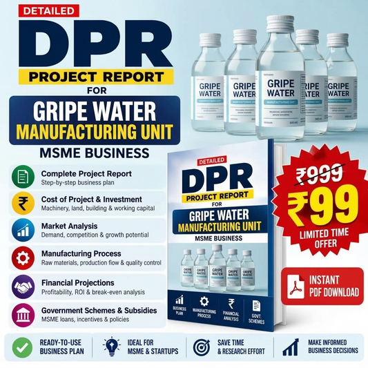 Promotional graphic for a digital PDF report titled 'DPR Project Report for Gripe Water Manufacturing Unit' with multiple bottles of gripe water, a book-style cover, and pricing text. This is not a clean physical product photo and functions as a digital listing preview, so subject_type is Other rather than Product/Packaging.