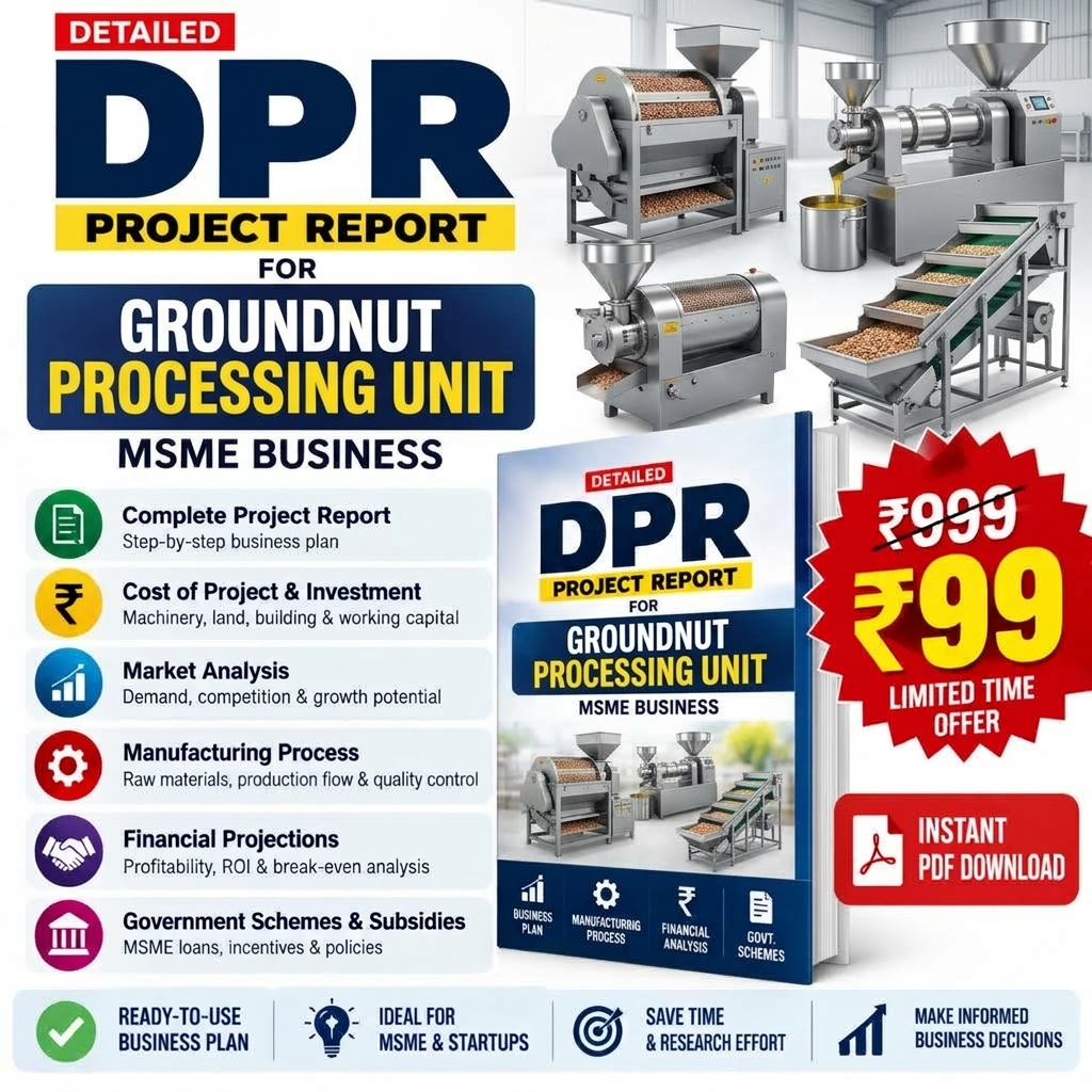 Promotional graphic for a digital PDF project report on a groundnut processing unit, featuring a large title banner, a list of included report sections, a rendered industrial processing machine, a book-style cover mockup, and a red price badge offering ₹99 for instant PDF download.