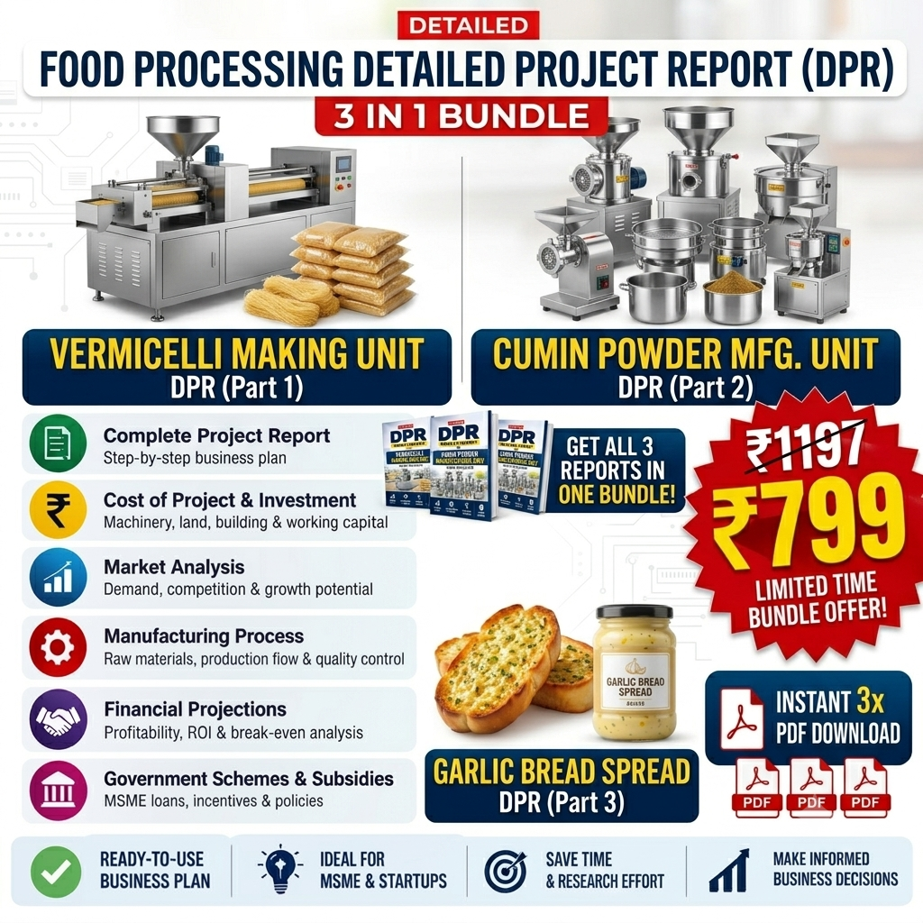 Promotional infographic for a 3-in-1 bundle of food processing equipment and reports: a vermicelli making unit, a cumin powder mfg. unit, and a garlic bread spread report.