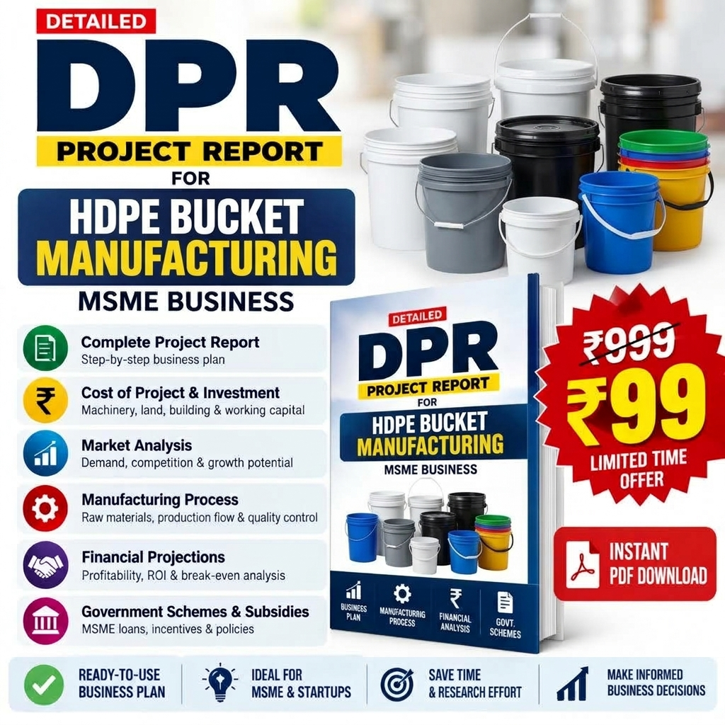Promotional graphic for a digital PDF report titled 'DPR Project Report for HDPE Bucket Manufacturing'. The design features a dark blue and yellow color scheme, a list of report contents on the left, a mockup of the book cover in the center-right, and various colored HDPE buckets on the right.