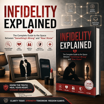 Book cover and promotional display for 'Infidelity Explained: The Complete Guide to the Space Between "Something's Wrong" and Now I Know"' with a 2026 edition badge, shown alongside a framed photo, phone, lipstick, and motivational text on a dark background.