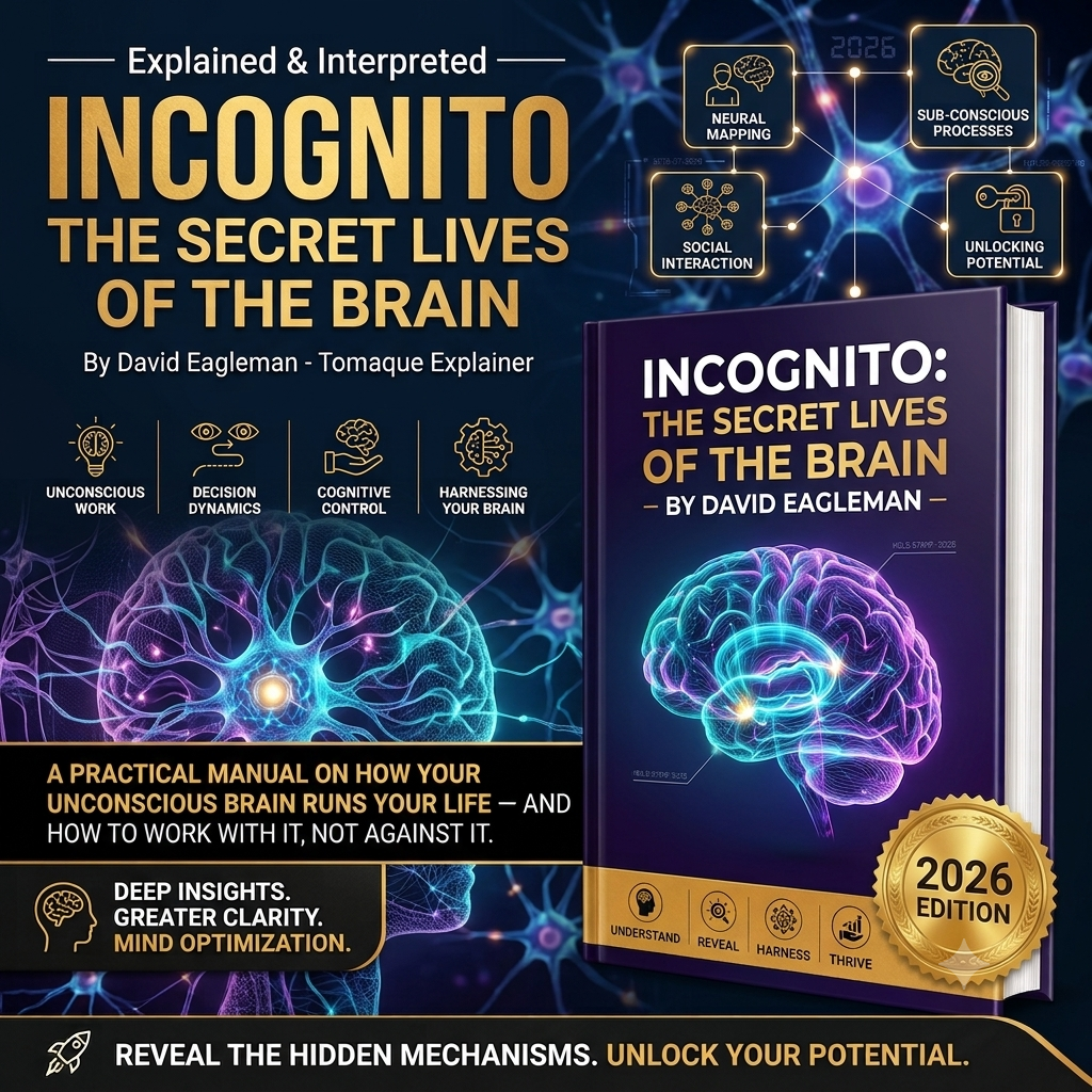 Book cover and promotional graphic for 'Incognito: The Secret Lives of the Brain' by David Eagleman, showing a 3D book mockup with a glowing brain illustration, feature icons, and marketing text on a dark background.