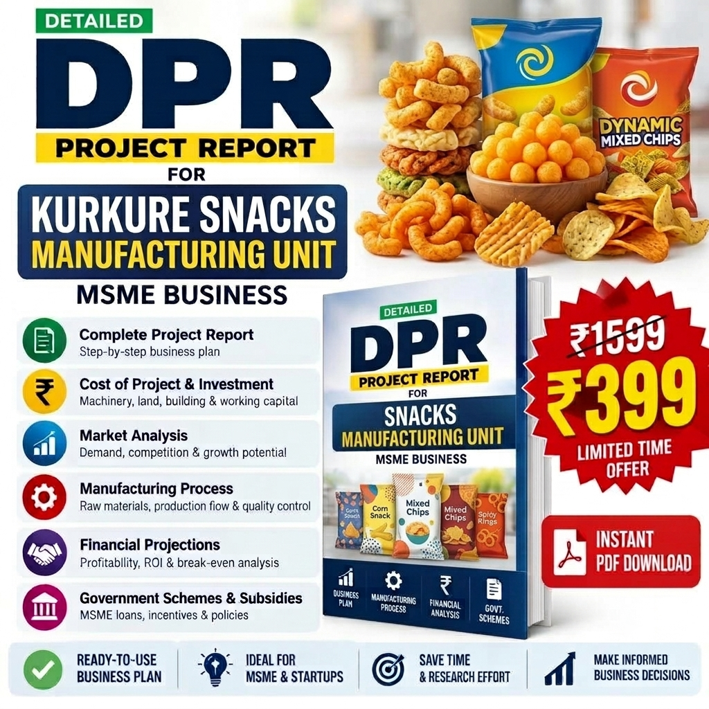Promotional graphic for a digital PDF project report on 'DPR Project Report for Snacks Manufacturing Unit' by Dynamic Mixed Chips. The design features a collage of various snack foods (chips, popcorn, burgers) on the top right, a mockup of the book report cover in the center, and marketing text and price details on the bottom left and right.