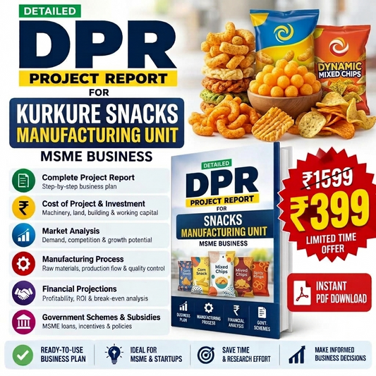 Promotional graphic for a digital PDF project report on 'DPR Project Report for Snacks Manufacturing Unit' by Dynamic Mixed Chips. The design features a collage of various snack foods (chips, popcorn, burgers) on the top right, a mockup of the book report cover in the center, and marketing text and price details on the bottom left and right.