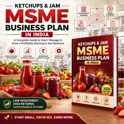 Promotional graphic for a Ketchup & Jam MSME Business Plan in India, showing a large book cover on the right and a styled kitchen scene with jars of red sauce, strawberries, tomatoes, and infographic icons on the left.