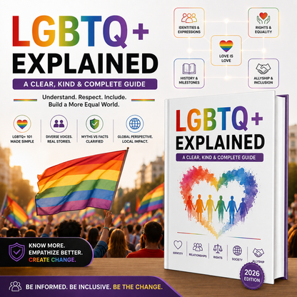 Book cover and promotional graphic for 'LGBTQ+ Explained: A Clear, Kind, and Complete Guide' showing a large rainbow title, feature icons, a crowd with rainbow flags, and a physical book mockup on a dark background.