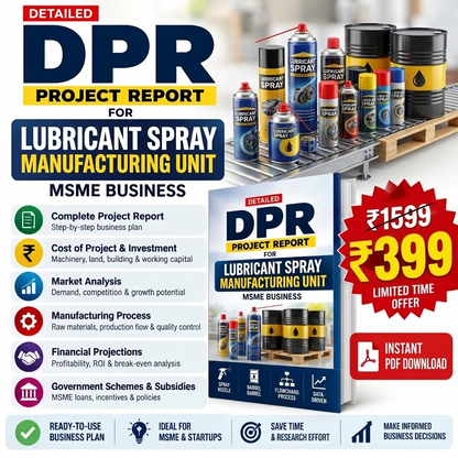 Promotional graphic for a digital PDF project report on lubricant spray manufacturing unit, featuring a book cover mockup, multiple lubricant spray cans on a pallet, and marketing text in English with pricing and instant PDF download callouts.