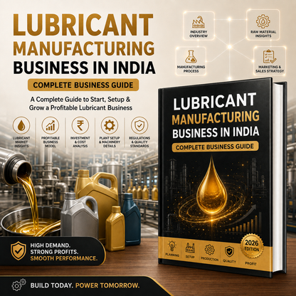 A promotional graphic for a business guide titled 'Lubricant Manufacturing Business in India'. The image features a mockup of a black and gold book on the right, alongside stock imagery of lubricant bottles and oil being poured on the left, with various infographic icons at the top.