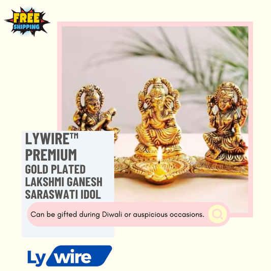 💫 Lywire™ Premium Gold-Plated Lakshmi Ganesh Saraswati Idol with Deepak | High-Quality Original Design Showpiece